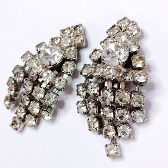 VTG 1950s Mid Century Rhinestone Clip On Earrings Articulated Dangle Cocktail - Picture 12 of 12